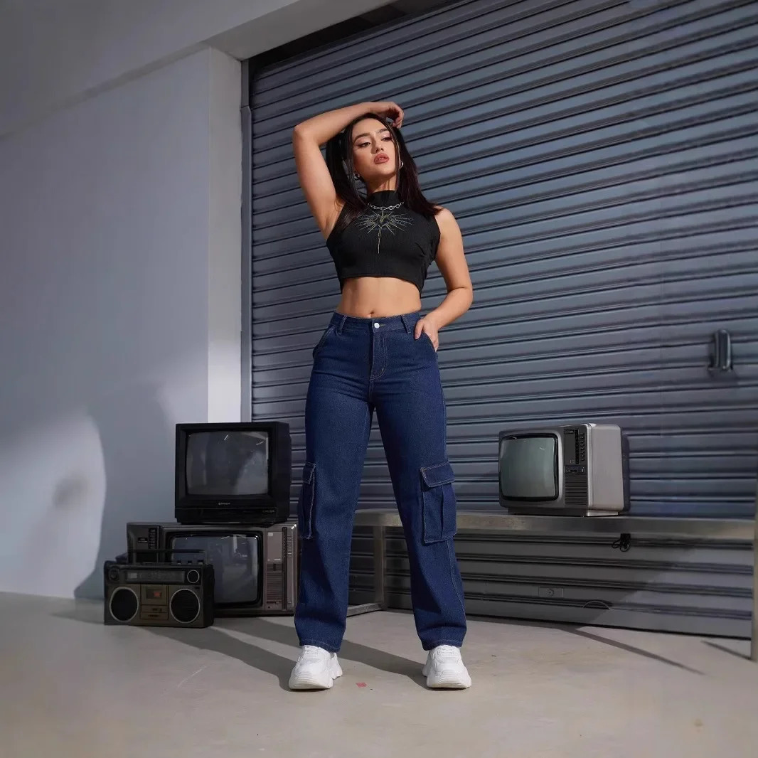 American Style High Waist Casual Womens Workwear Jeans with Pocket Straight Leg Long Trousers Fashionable plus Size 250317