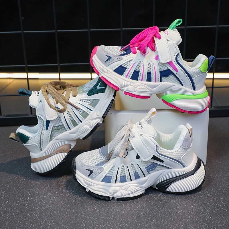 Girls Color Block Mesh breathable thick shoes comfortable and non slip lace up durable sports shoes suitable for childrens outdoor activities W250318