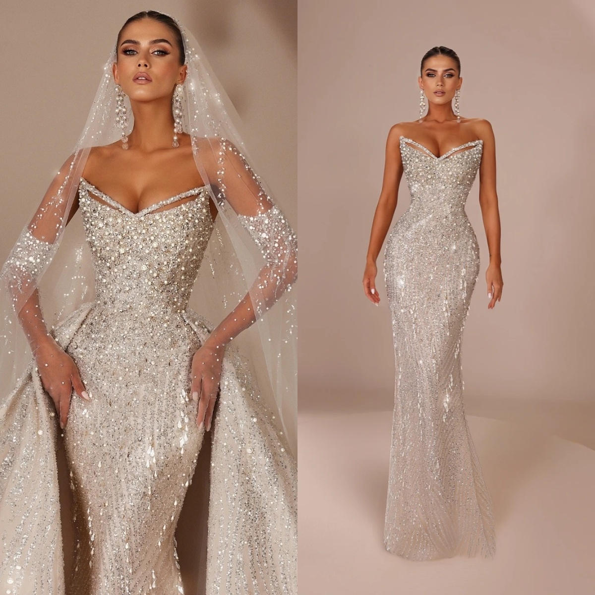 Sparkly A e Women Wedding Strapless Sleeveless Bridal Gowns Sequins Pearls Detachable Train Dress Custom Made