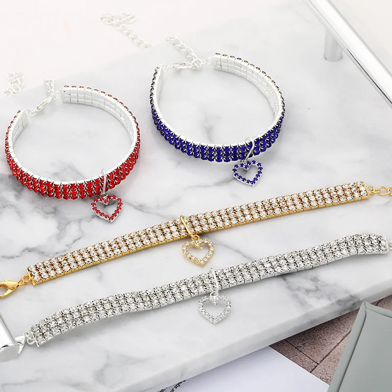 cat and dog collar with three rows of elastic rhinestones pet love decoration necklace puppy kitten supplies 250318