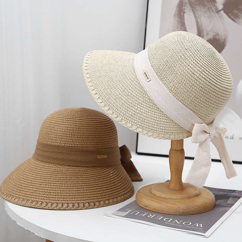 Women's Summer Outdoor Big Eaves Protection Grass Bow Beach Folding Weave Sun Hat