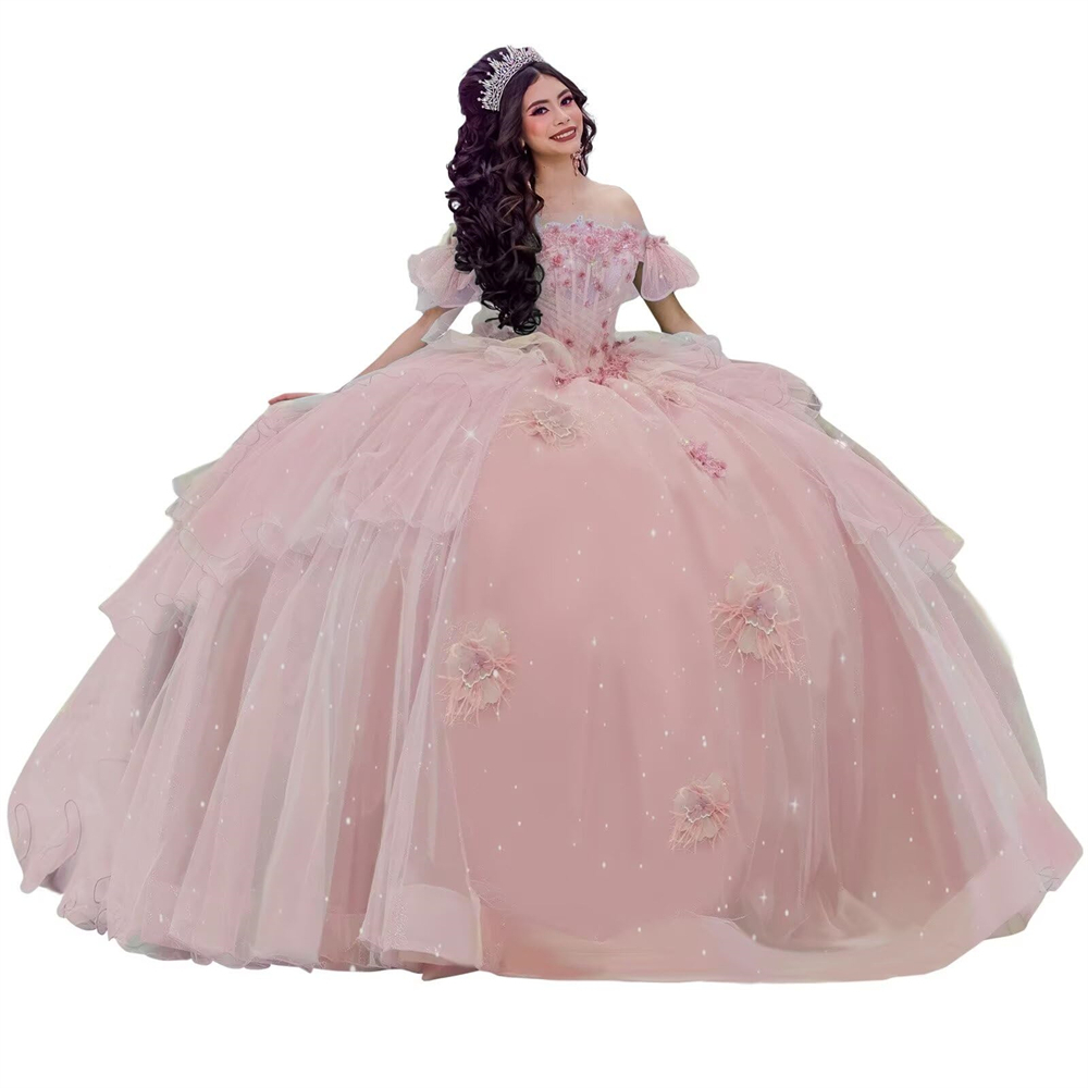Ball Gown Quinceanera Dresses Cascading Ruffles Puff Sleeves Crystal Appliques Lace-up Plus Size Sweet 15 16 Princess Birthday Party Gowns Vestidos De