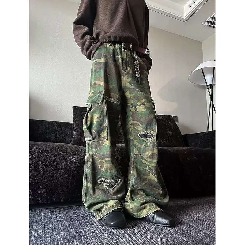 Camouflage Women Y2k Hip Hop Vintage High Waisted Jeans Straight Streetwear Casual Loose Large Size Wide Leg Denim Pants