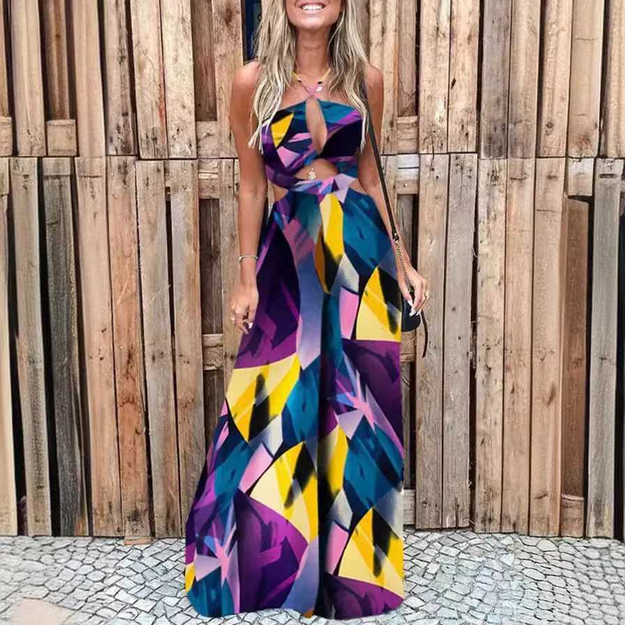 Womens jumpsuit 2025 spring/summer womens printed sexy backless hollow beach elegant womens hanging collar lace up pants jumpsuit X250318