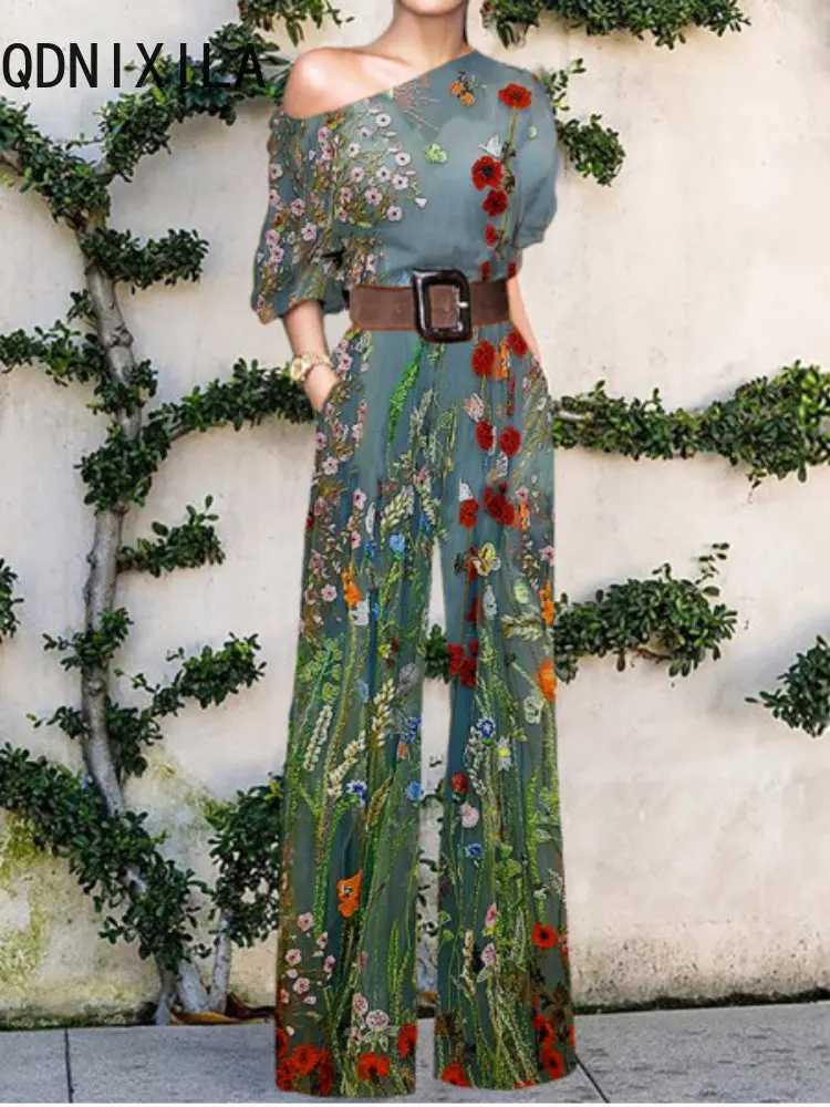 New womens jumpsuit elegant office ladies loose wide leg pants tight fitting clothes collar floral print Swt womens jumpsuit X250318