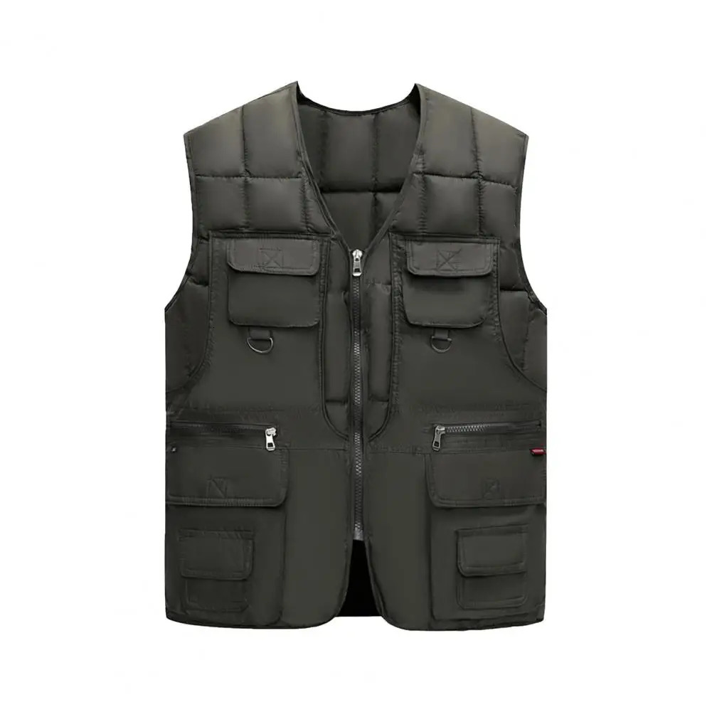Mens down vest 10 pocket cargo sleeveless zipper checkered jacket with multiple pockets solid windproof and warm 250314Z