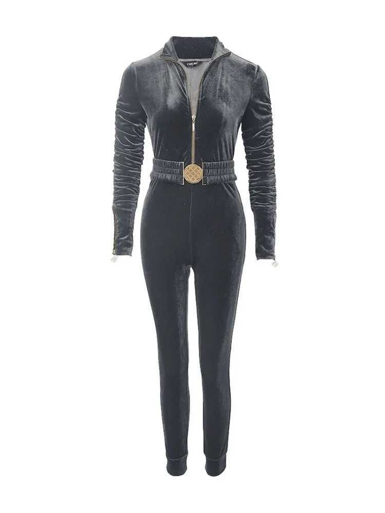 Velvet zipper design womens jumpsuit 2025 elegant pleated long Slve jumpsuit with elastic waistband jacket womens clothing X2503181