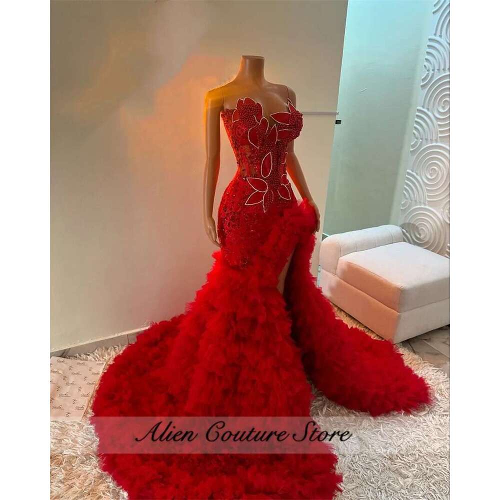 Red Mermaid Prom Dresses Party Vestidos Sweetheart Sparkly Crystal Dias Ruffles Tiered Evening Gown Customized Dr0318