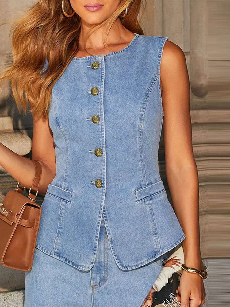 Vintage Denim Pants 2 Piece Sets For Women O-Neck Sleeveless Single Breasted Tank Vest Wide Leg Trouser 2025 Spring Lady Outfits