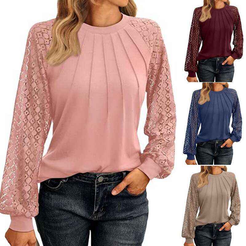 autumn winter popular European American women's lace patchwork round neck pleated long sleeved top T 2025 new style chic and elegant clothing