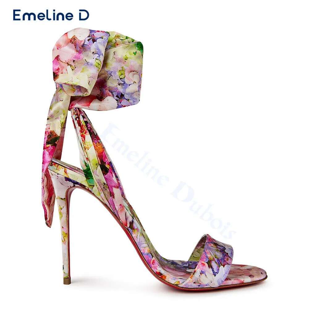 Bright Colorful Wer Print Satin Round Toe One-Strap Stiletto Sexy Sandals Calf Straps Fashionable Women's Shoes