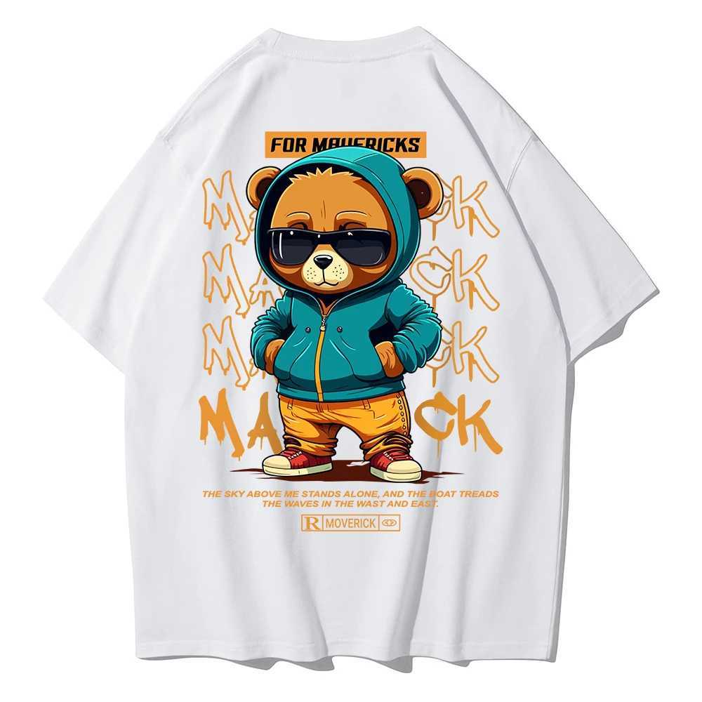 Cotton fashion bear pattern printed mens T-shirt round neck loose top breathable and comfortable casual oversized womens clothingXJ250318