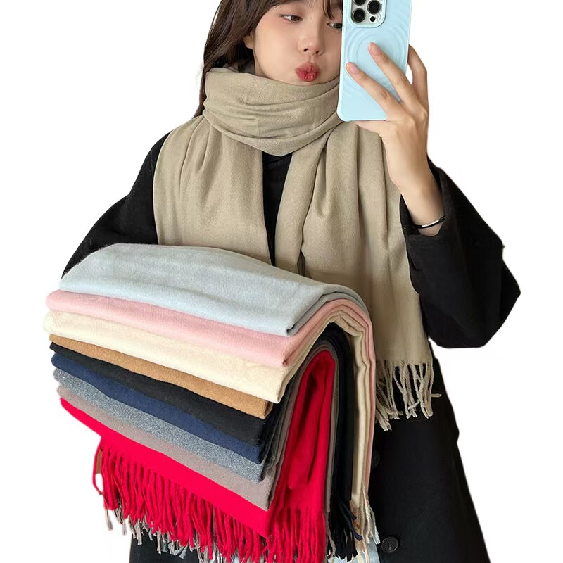 K163 Lengthened solid color all-match imitation cashmere scarf for women autumn and winter Korean version tassel scarf 2024 new thickened neck warm