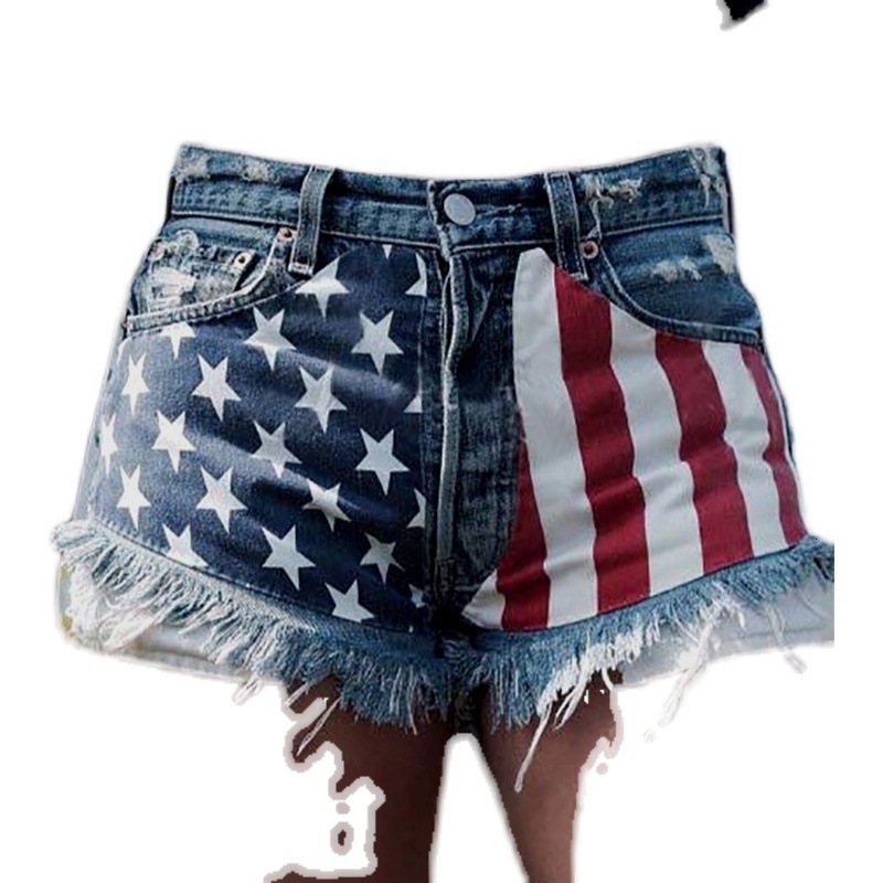 2025 New Casual Denim Shorts With American Flag Tassel Star Print For Women Summer Fashion Sexy And Personalized Hot Pants