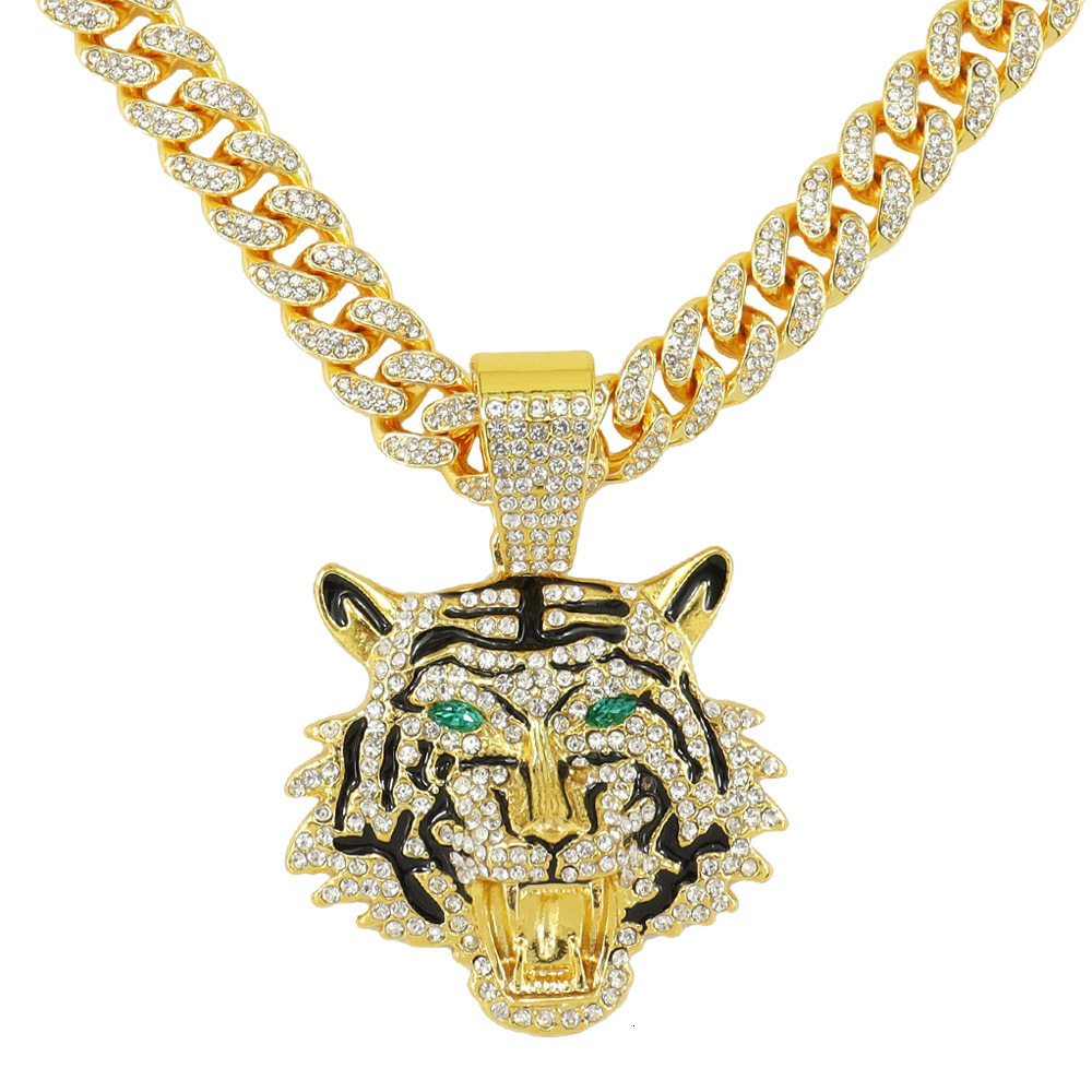 Personalized and trendy 3D full dia green eyes tiger head with encrypted Cuban chain necklace accessories pendant