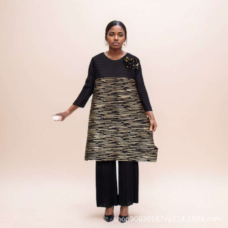 Miyake Women's Autumn New Style End Hot Stamped Folded Mid To Long Top, High Waist Wide Leg Pants Two Piece Set