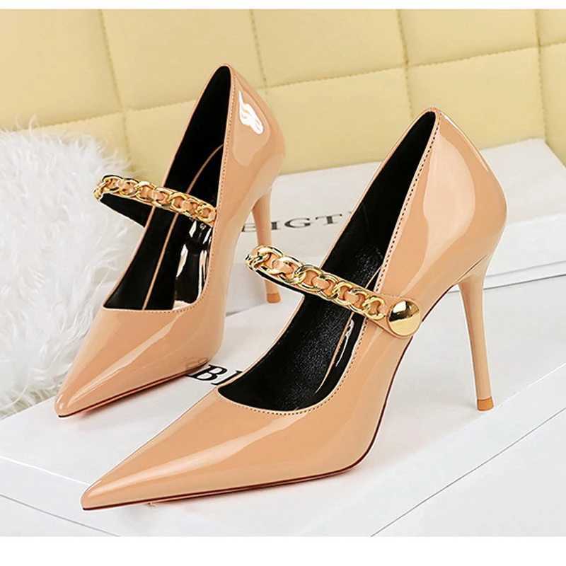 BIGTREE spring metal decorative chain text pump elegant buckle strap thin H party shoes Zapatos unprinted good product Y250317