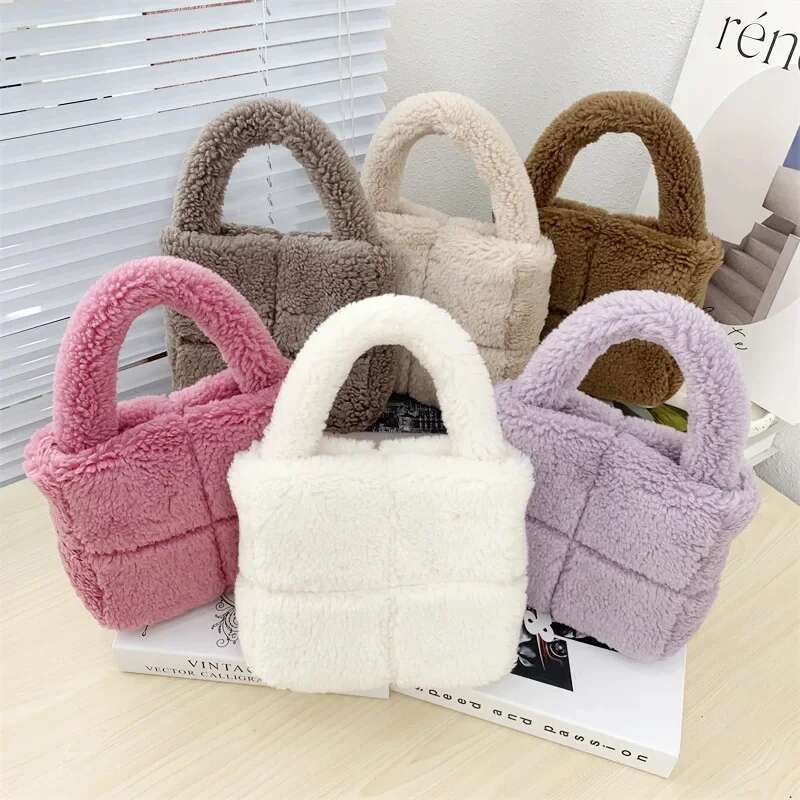 Winter New Plaid Lamb Wool Handbag Solid Color Fashion Ladies Plush Tote Bag Soft Fluffy Women's Small Faux Fur Purses Female