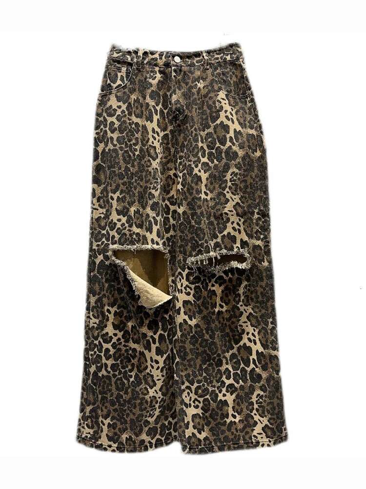 DEAT Fashion Hollow Out Design Leopard Print Loose Wide Leg Casual Pants For Women High Waist Trousers Spring 2024 New 11Xx5342