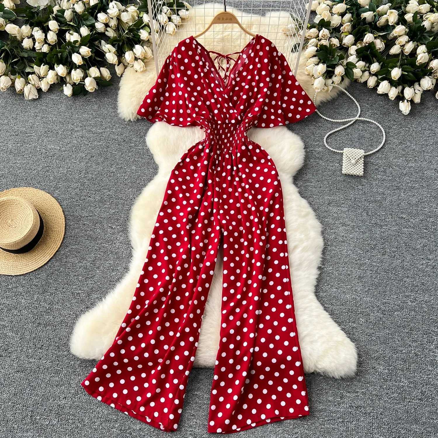 New summer polka dot jumpsuit elegant womens V-neck short Slve high waisted jumpsuit loose wide leg sportswear fashionable X250318