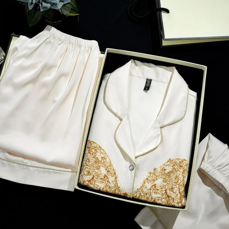 Loose Print Short Three-piece Ice Silk Pajamas Womens Short Sleeve Set Womens Summer Thin High Soft Quality Pyjamas Sets 250317