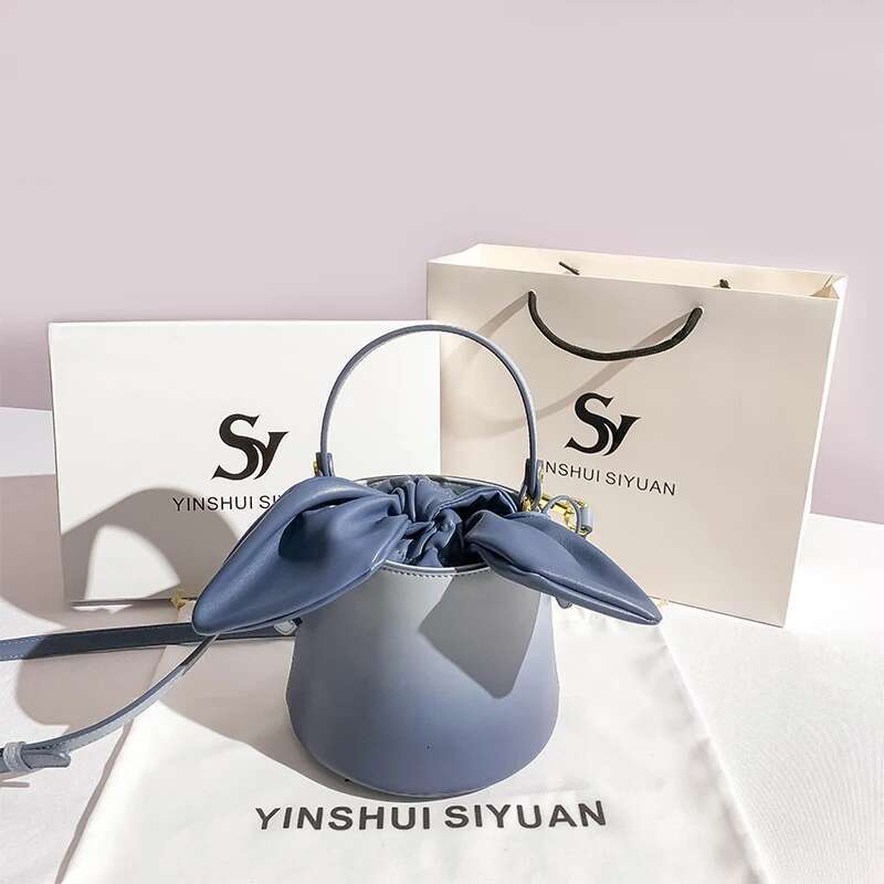 Fashion Rabbit Ears Textured Leather Gradient Blue Bucket Women's Handbag Lady Purse Female Shoulder Messenger Bag