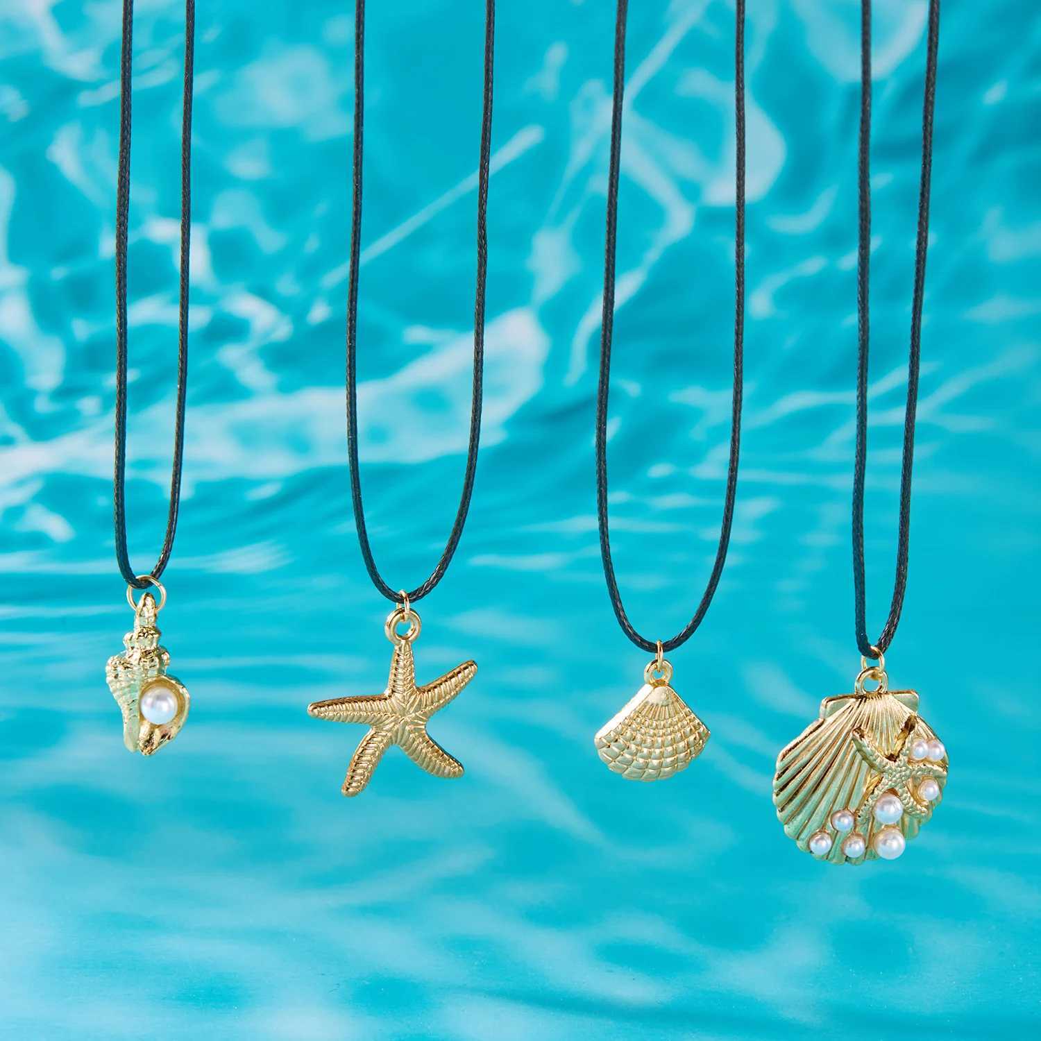 Fashion Simple Ocean series playful leather chain necklace mens metal starfish shell pendant necklace jewelry W250318