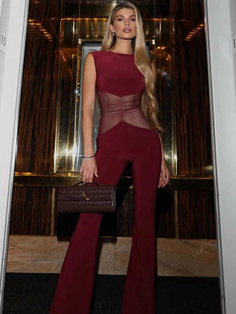 Sibybo Shr Mesh Splicing Work jumpsuit Womens Spring Fashion Round Neck Sleveless Ultra Thin Flash Pants Casual Party Coated jumpsuit X2503181