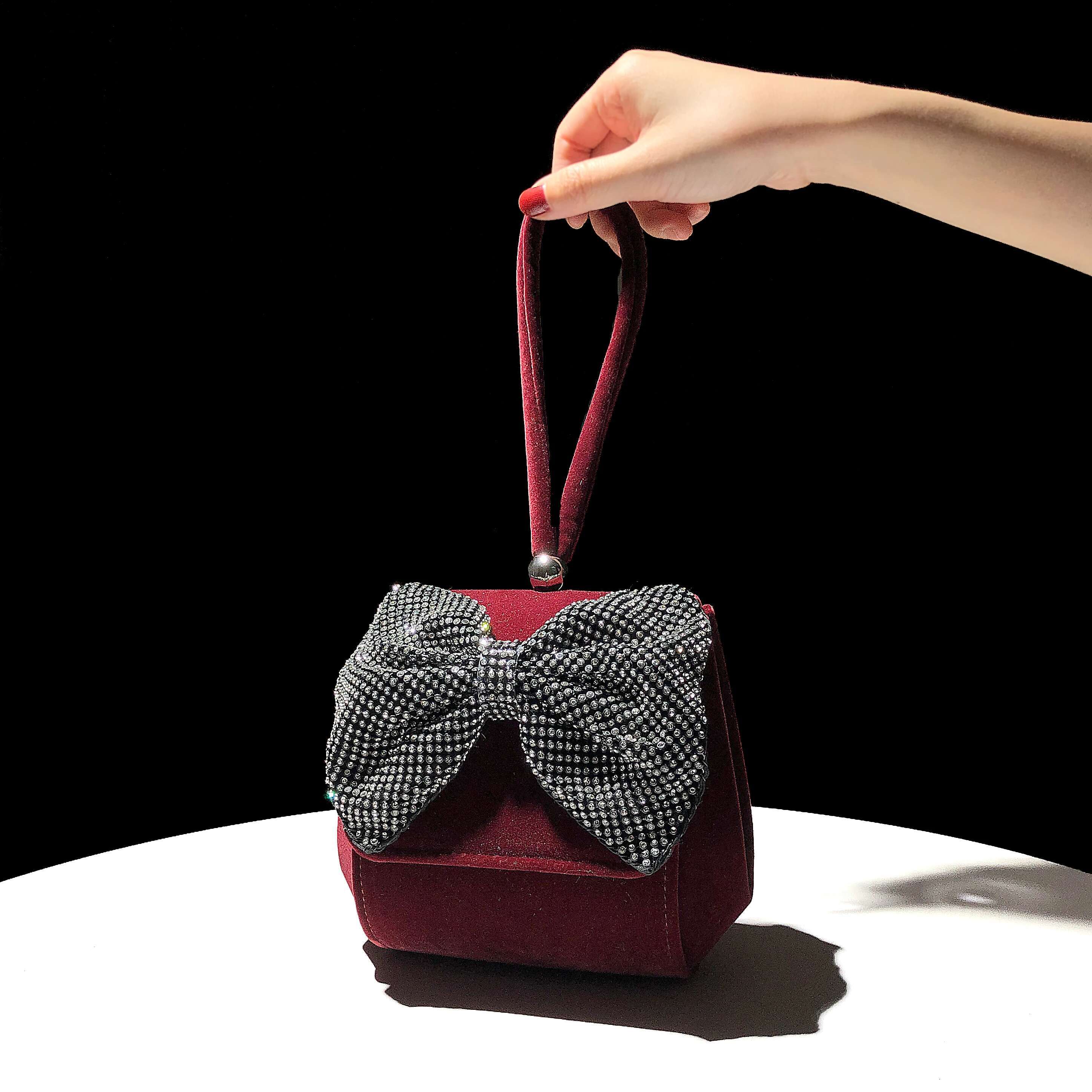 Fashion Women Handbag Veet Hobo Glitter Shiny Dias Bow Knot Evening Wedding Party Clutch Purse Shoulder Bag