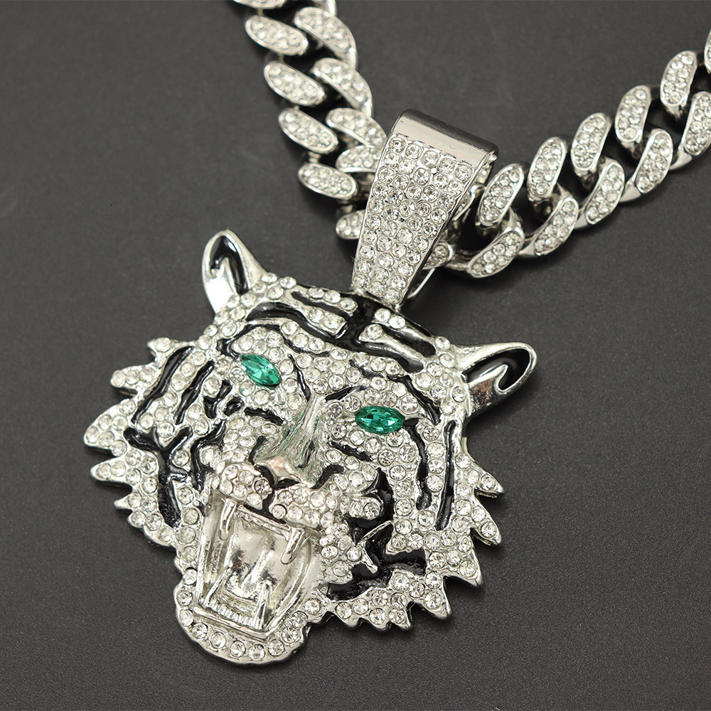 Personalized and trendy 3D full dia green eyes tiger head with encrypted Cuban chain necklace accessories pendant