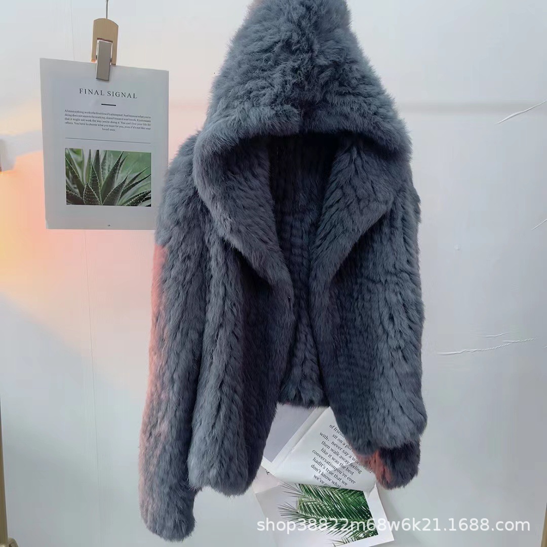 New style of celebrity, real rabbit coat, women's autumn and winter warm fur woven double-sided hooded fur, encrypted internet celebrity