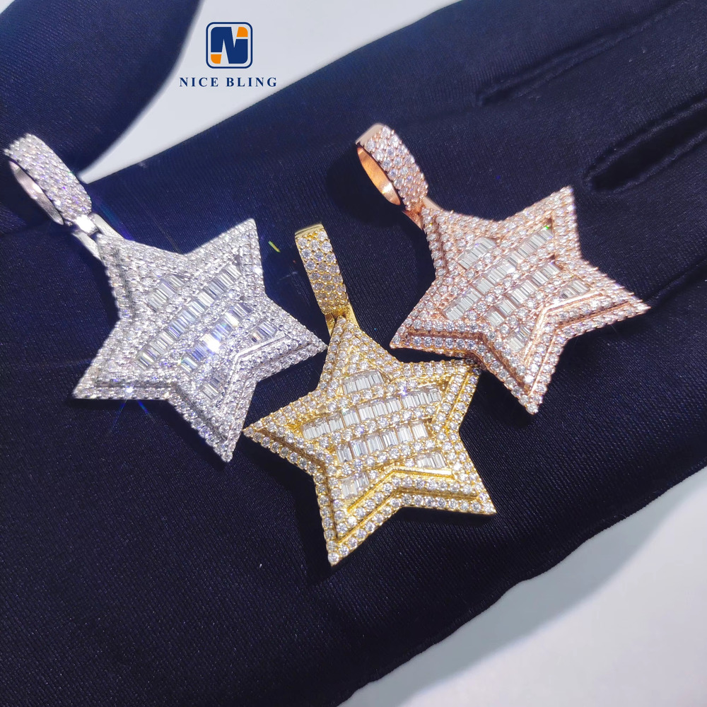 Hip Hop Pendants Gold Plated 925 Silver Moissanite Pendant Baguette Diamond Five Stars Charm Pendants for Men Women