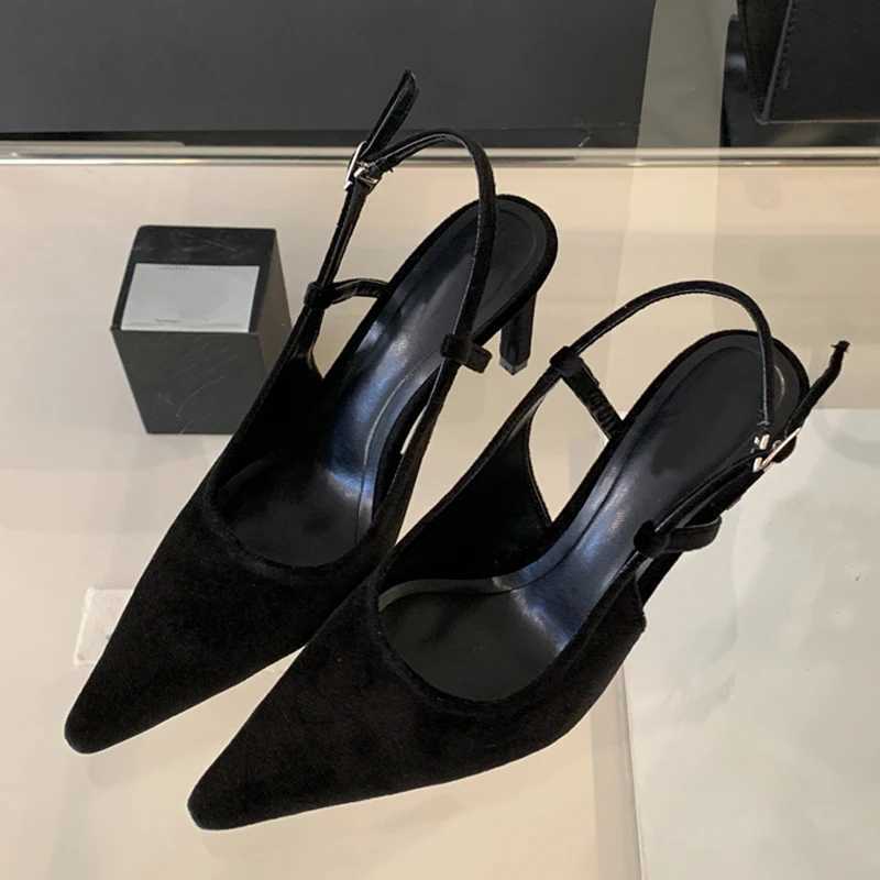 Similar Street Style Sexy Back Buckle Strap Wen Pumps Stripper Sandals Solid Black Pointed Toe Slingback High H Fem Shoes Y250317