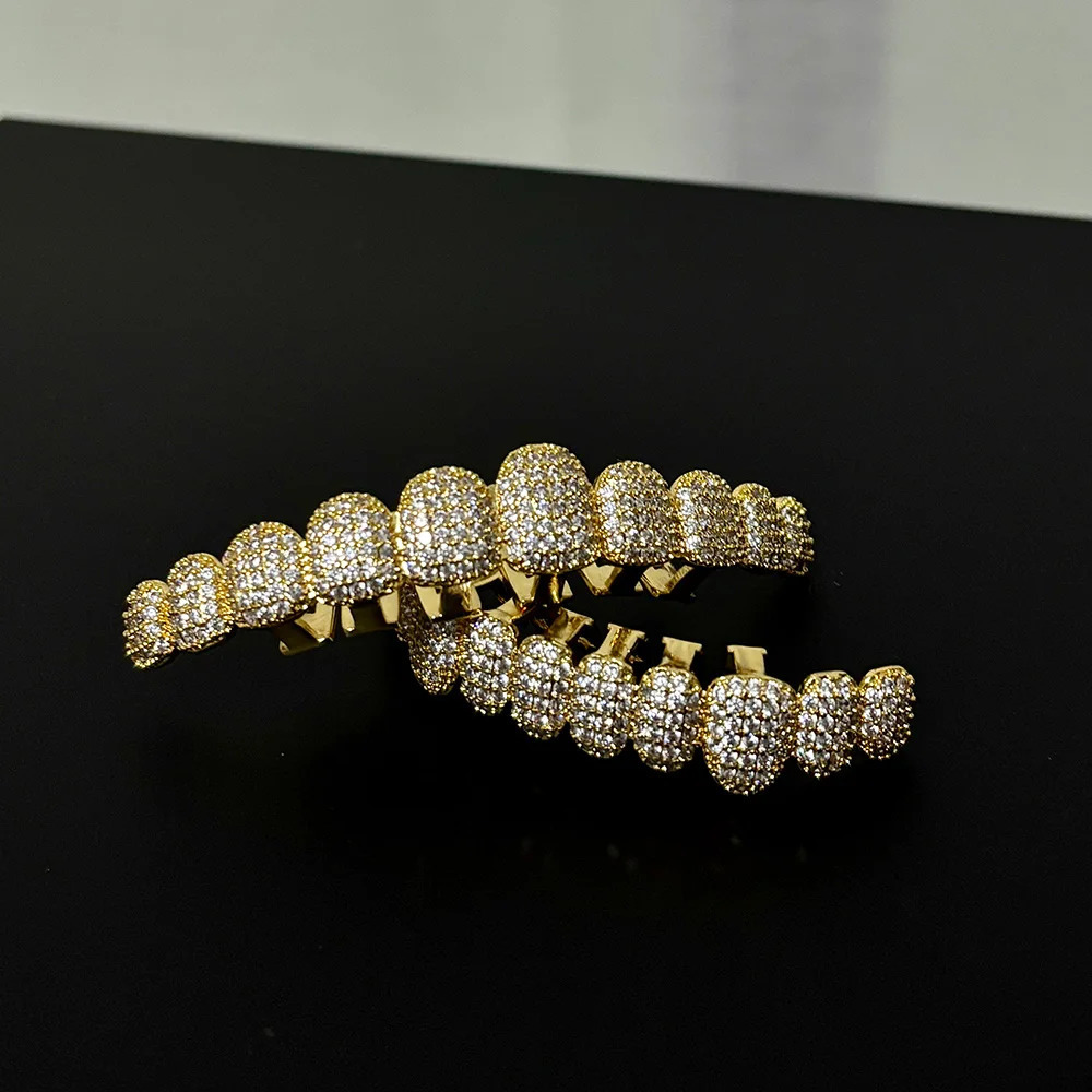 RACHELZ Gold Silver Color Full Iced Out CZ Stone Teeth Braces Hip Hop Shiny Zircon Tooth Caps For Women Men Jewelry Gift 250318