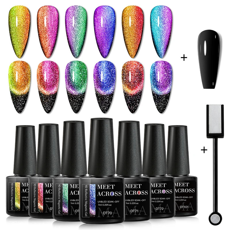 MEET ACROSS 7ml 9D Magnetic Gel Nail Polish Set Glitter Double Rainbow Magnetic Nail Art Gel Polish Kit for Manicure DIY Vernis 250314