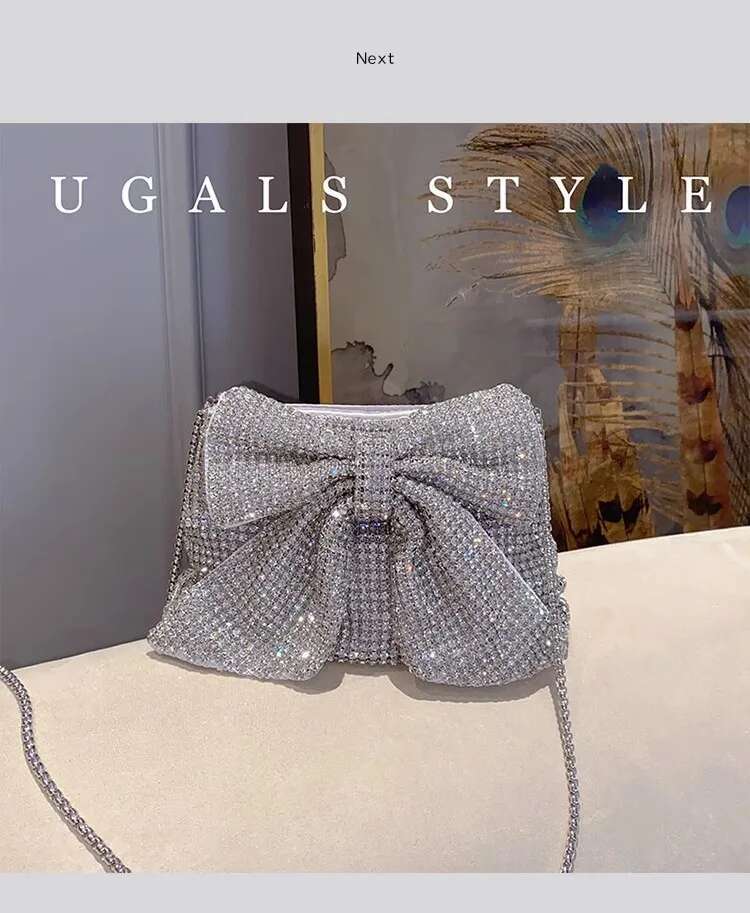 Glitter Bow Knot Women's Handbag Crystal Shiny Rhies Dia Evening Wedding Party Clutch Purse Crossbody Bag