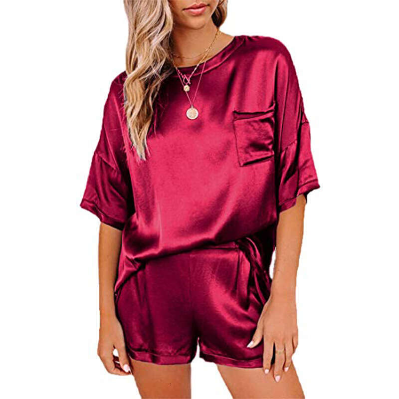 European and American Solid Color Chiffon Pamas Home Clothes Short Sleeve Shorts Loose Casual Two Piece Set 2025 Versatile Style New Trendy Clothing I
