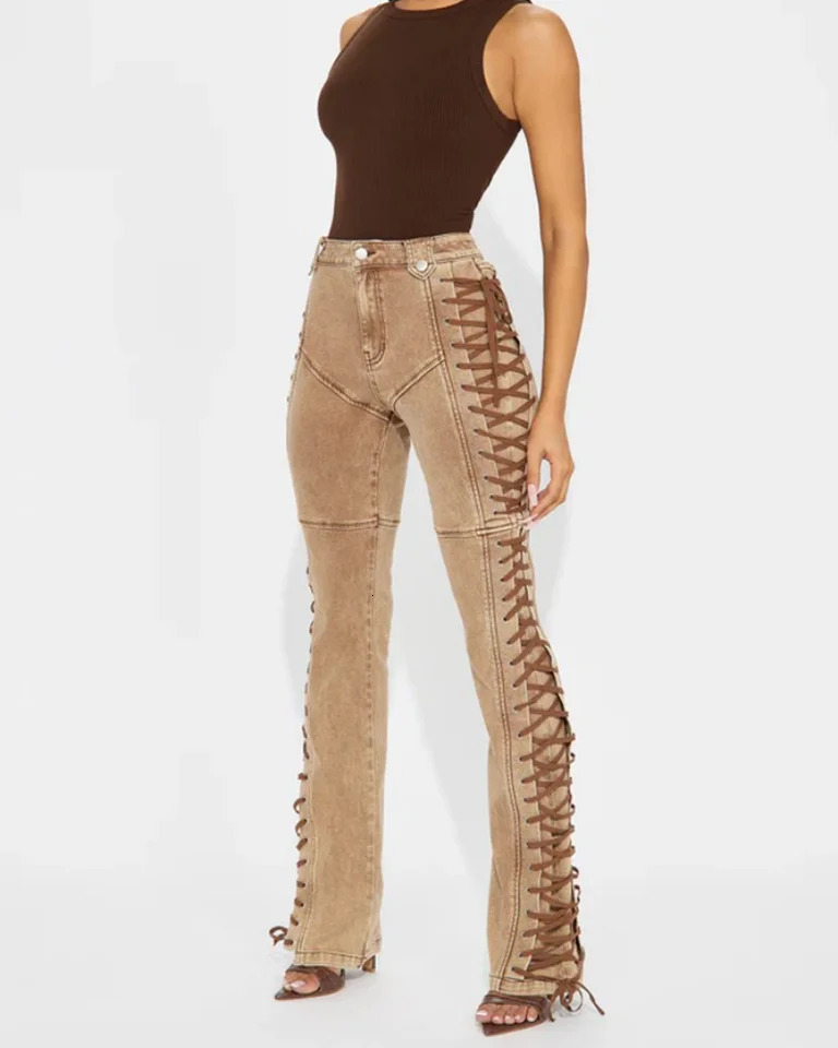 Fashion womens fashion lace-up drawstring Spice Girl jeans and pants Women Jeans Denim Straight Pants Spliced Patchwork 250317