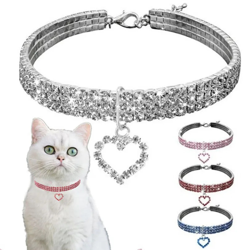 cat and dog collar with three rows of elastic rhinestones pet love decoration necklace puppy kitten supplies 250318