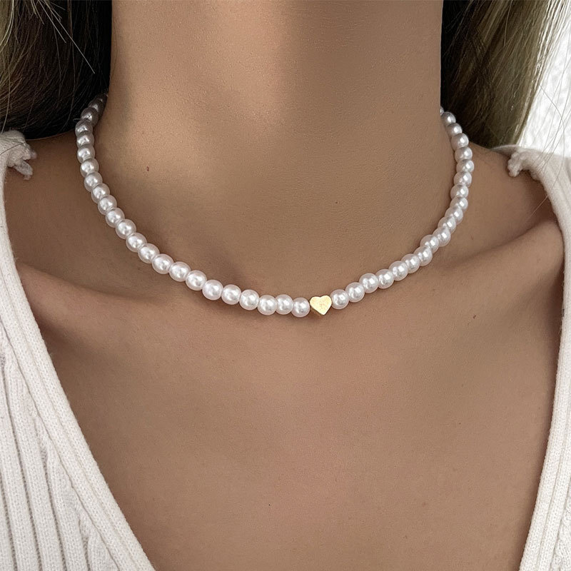 Love Imitation Pearl Splicing Necklace Women's Artificial Pearl Peach Heart Choker Collar Bone Chain Jewelry