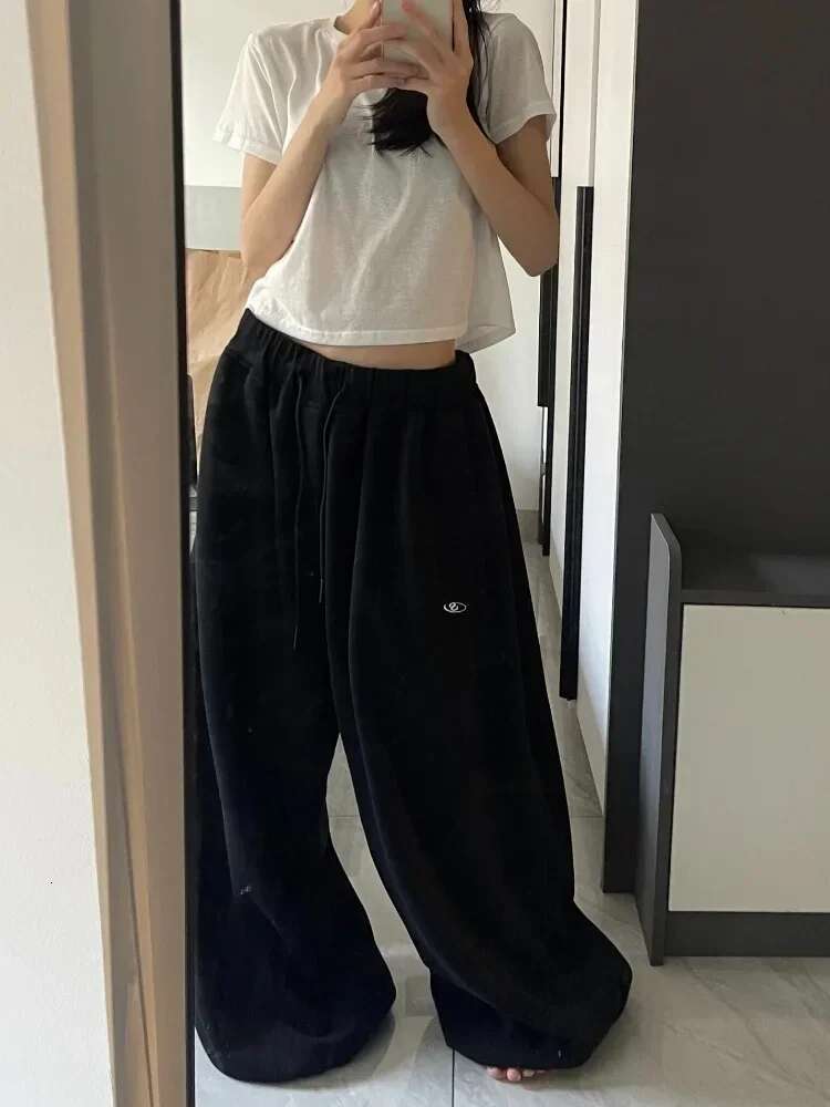 HOUZHOU Vintage Black Baggy Sweatpants Oversize Woman Korean Style Jogger Pants High Quality Haruku Streetwear Trousers Winter