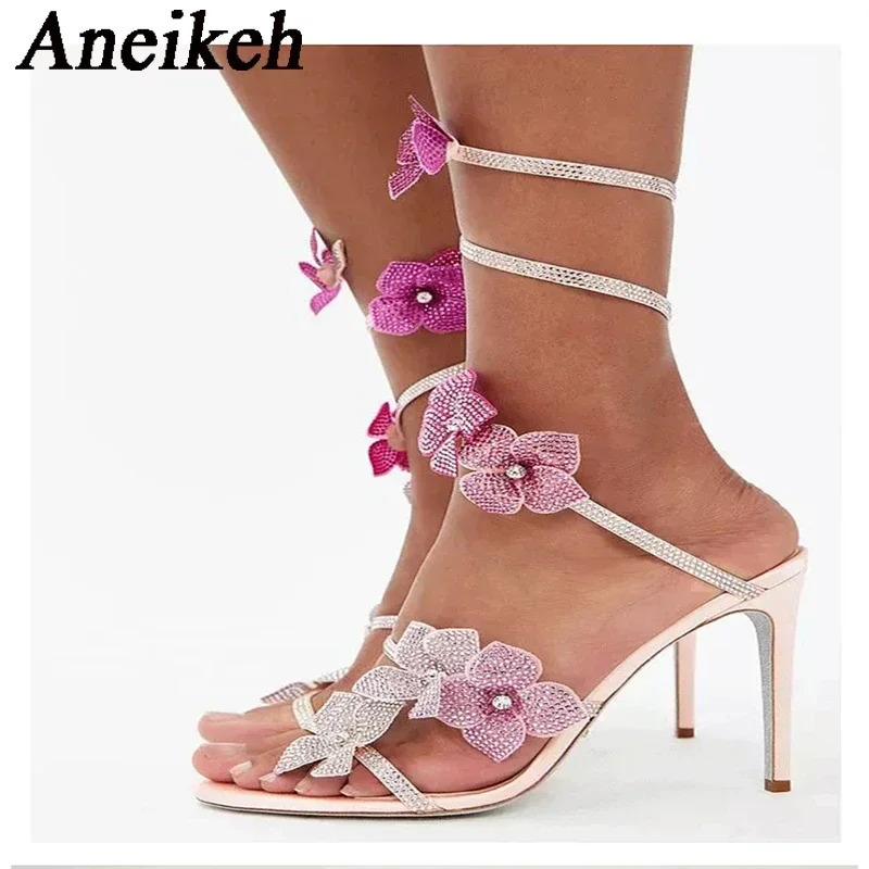 Aneikeh Sexy CRYSTAL Flower Narrow Band Ankle Strap Sandals Woman Thin High Heels Street Style Pole Dancing Ladies Shoes 250318