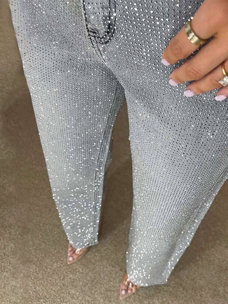 Y2k Women Shiny Rhie Denim Pants Wide Leg Straight Full Dia Jeans For Female Dragging High Street Outwear Trousers