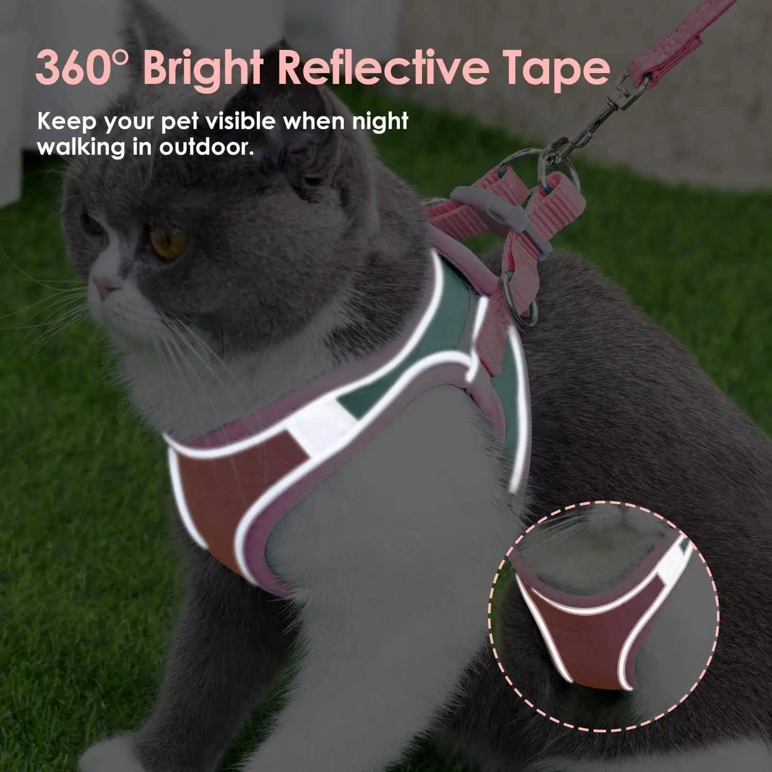 Small pet vest style reflective harness set suitable for night cats with adjustable harness and pet belt setT250318