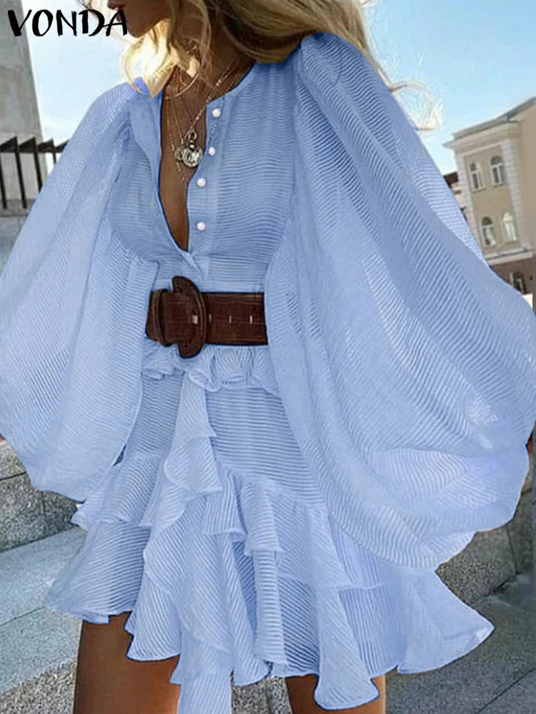 VONDA Womens Ruffle Dress Casual Solid Color Sun Skirt Bohemian Multi Layer Ruffle Robe Loose Beach Lantern Sleeve Dress 250314