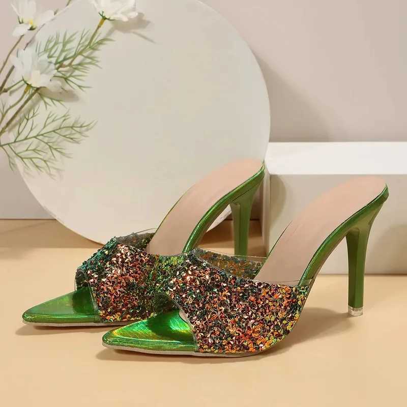 New Fi sequin slide cover 2024 summer new thin high heels high heels jacket Fi sandals Wen shoes 9.5CM Y250317