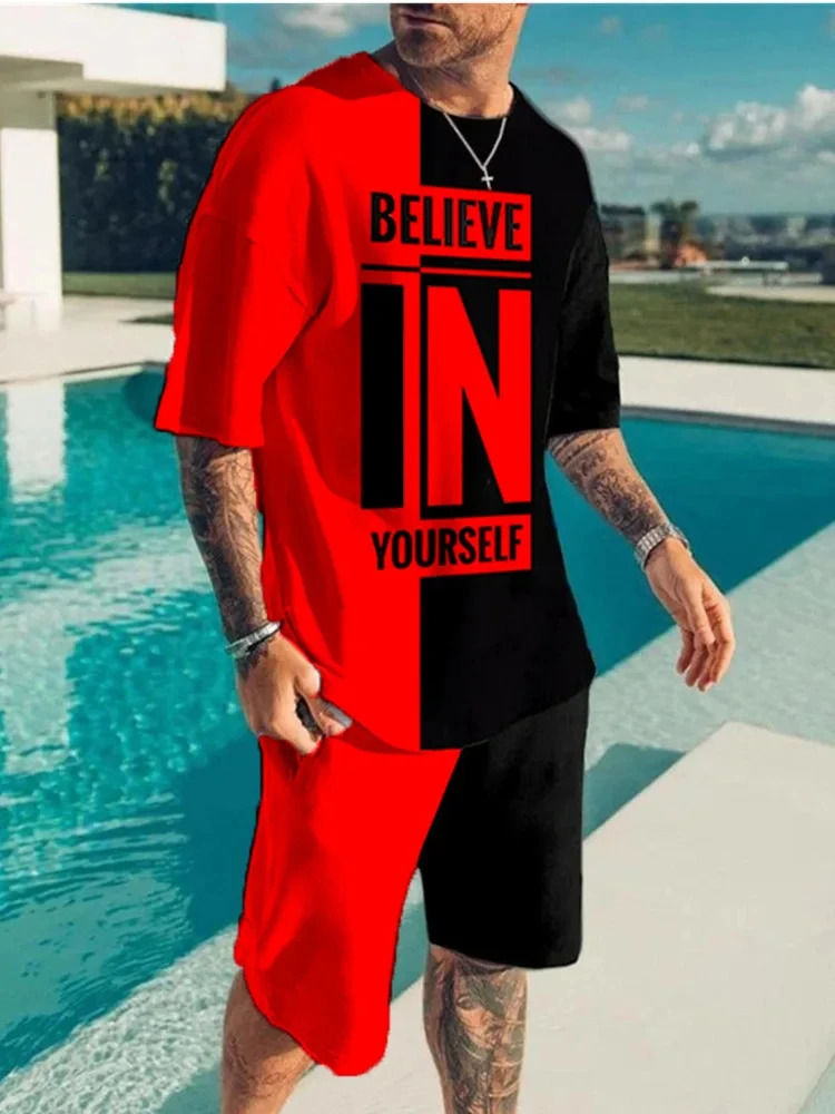 Summer Mens Tracksuit Believe in Yourself T-shirt Shorts Set Sport Outfit Jogging Suit Oversized Clothes Outdoor Streetwear 250318