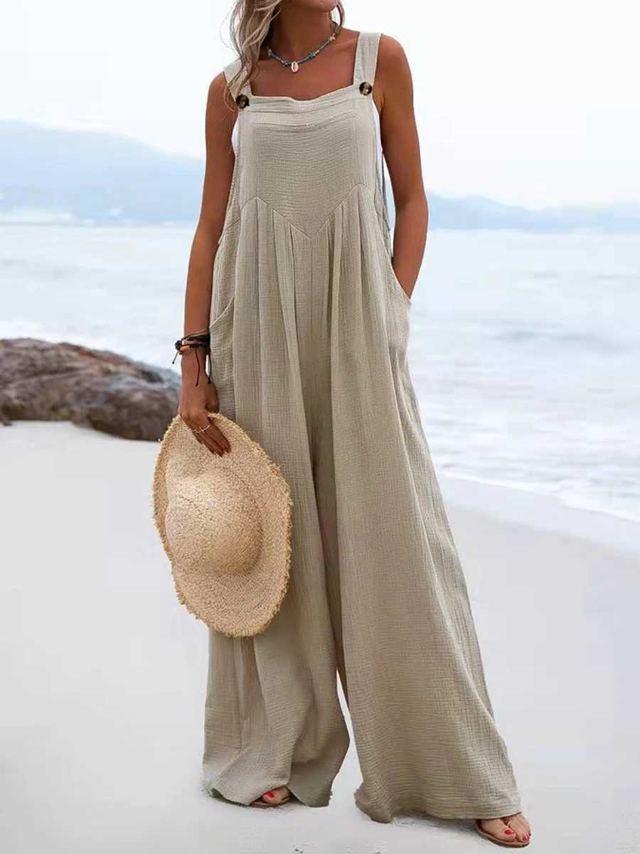 Overalls womens summer jumpsuit Plus size solid color casual button wide leg suspension pants Overalls with pockets X250318