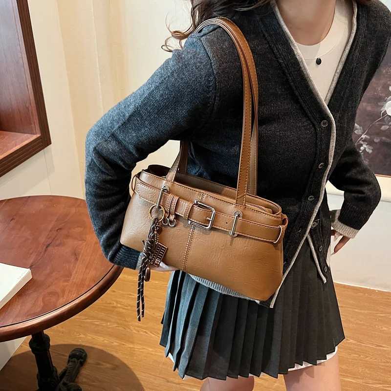 Belt Design Underarm Shoulder Bags For Women Quality PU Pure Color Armpit Bag With Pendant 2024 Latest Luxury Designer Handbags Y250320