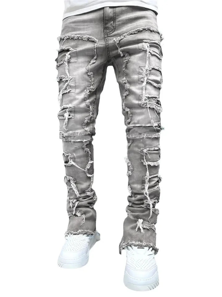 Mens Regular Fit Stacked Jeans Ripped Slim Fit Patch Distressed Destroyed Straight Denim Pants Hip Hop Streetwear Trouser Cloth 250318